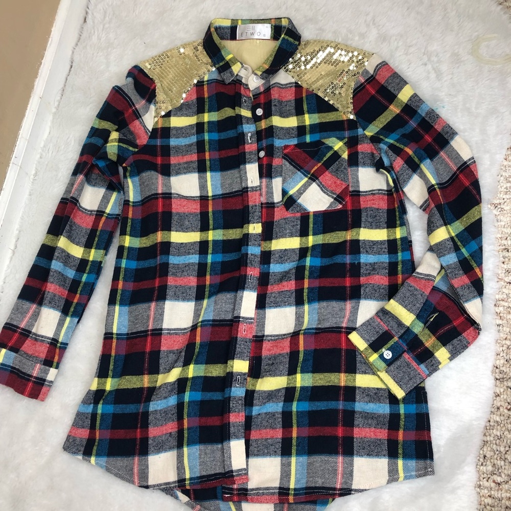 Etwo red blue yellow plaid jacket with sequins